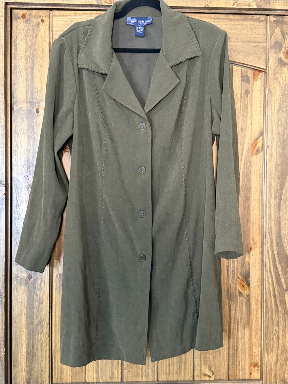 Susan Graver Olive Green Long Button-Front Jacket